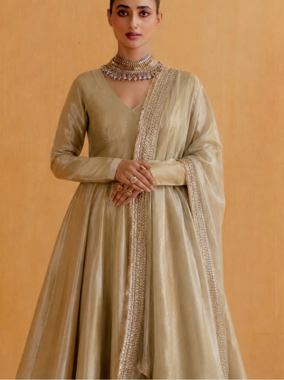Gold Tissue Anarkali Dress with Dupatta and pants